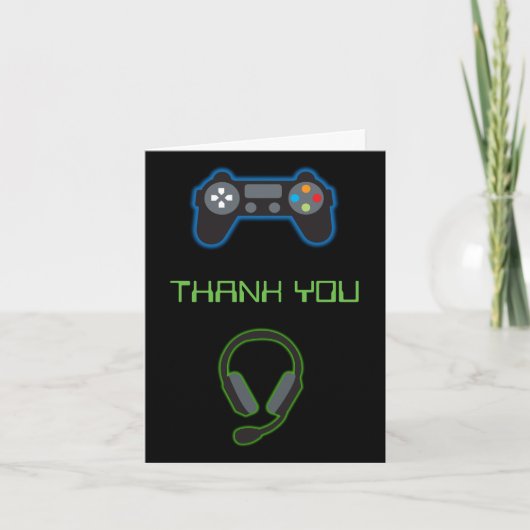Video Game Neon Blue & Green Muster Monogram Dankeskarte (Vorderseite)