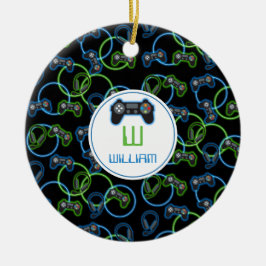 Video Game Neon Blue & Green Muster Monogram Keramik Ornament