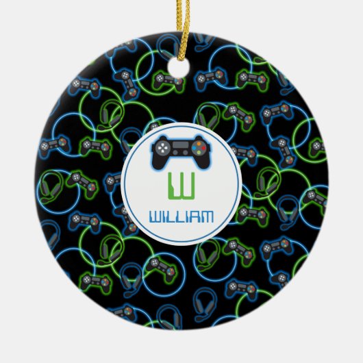 Video Game Neon Blue & Green Muster Monogram Keramik Ornament (Vorne)
