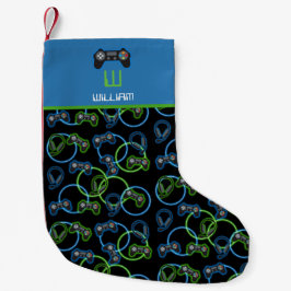 Video Game Neon Blue & Green Muster Monogram Kleiner Weihnachtsstrumpf