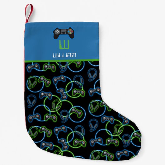 Video Game Neon Blue & Green Muster Monogram Kleiner Weihnachtsstrumpf (Vorderseite)