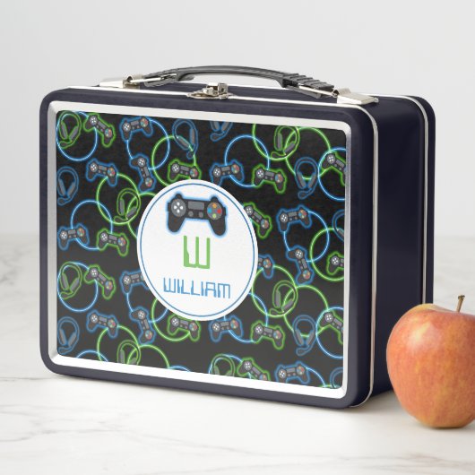 Video Game Neon Blue & Green Muster Monogram Metall Brotdose (Beispiel)