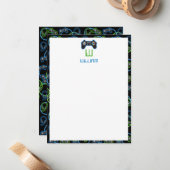 Video Game Neon Blue & Green Muster Monogram Mitteilungskarte (Vorderseite/Rückseite Beispiel)