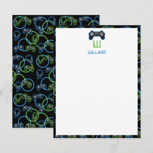Video Game Neon Blue & Green Muster Monogram Mitteilungskarte (Vorne/Hinten)