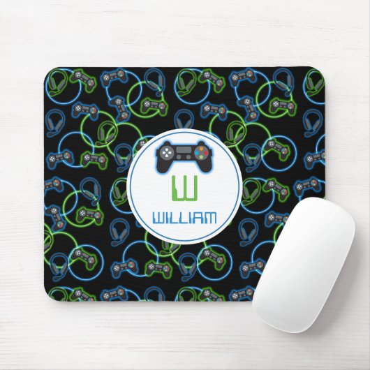 Video Game Neon Blue & Green Muster Monogram Mousepad (Mit Mouse)