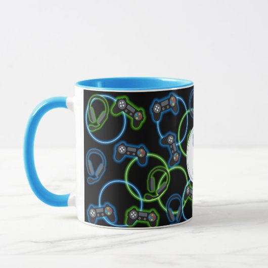 Video Game Neon Blue & Green Muster Monogram Tasse (Links)