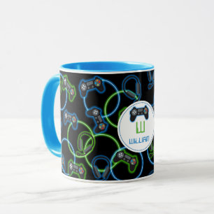Video Game Neon Blue & Green Muster Monogram Tasse