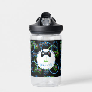 Video Game Neon Blue & Green Muster Monogram Trinkflasche