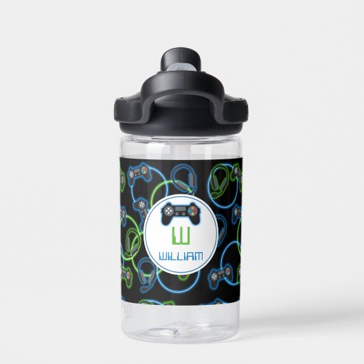 Video Game Neon Blue & Green Muster Monogram Trinkflasche (Rückseite)