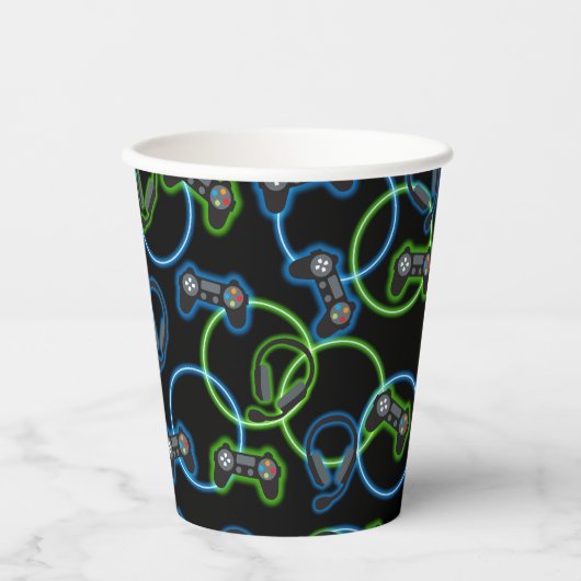 Video Game Neon Blue & Green Muster Pappbecher (Vorderseite)