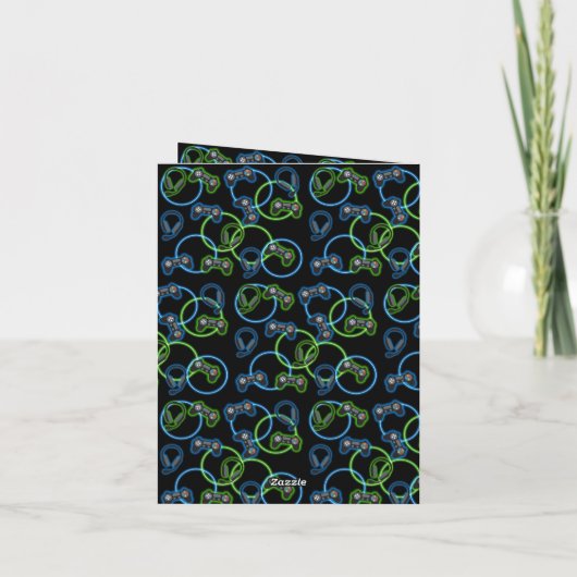 Video Game Neon Blue & Green Pattern Monogram Dankeskarte (Rückseite)