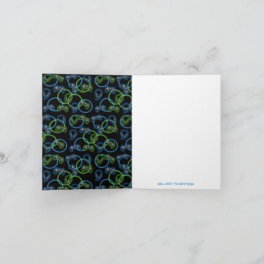 Video Game Neon Blue & Green Pattern Monogram Dankeskarte (Innenseite)