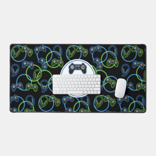 Video Game Neon Blue & Green Pattern Monogram Schreibtischunterlage (Tastatur & Maus)