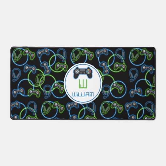 Video Game Neon Blue & Green Pattern Monogram Schreibtischunterlage (Vorderseite)