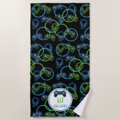 Video Game Neon Blue & Green Pattern Monogram Strandtuch (Vorderseite)