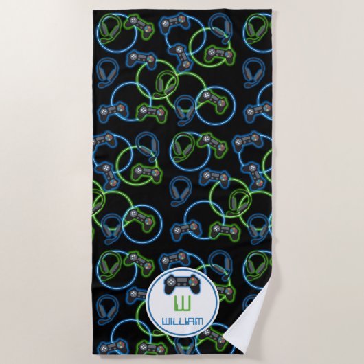 Video Game Neon Blue & Green Pattern Monogram Strandtuch (Vorderseite)