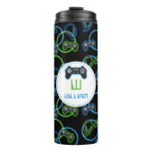 Video Game Neon Blue & Green Pattern Monogram Thermosbecher (Vorderseite)