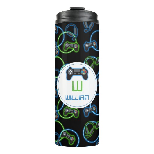Video Game Neon Blue & Green Pattern Monogram Thermosbecher (Vorderseite)