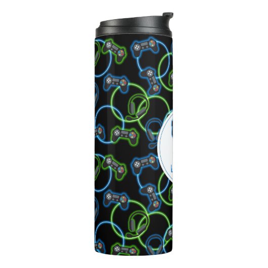 Video Game Neon Blue & Green Pattern Monogram Thermosbecher (Nach links gedreht)