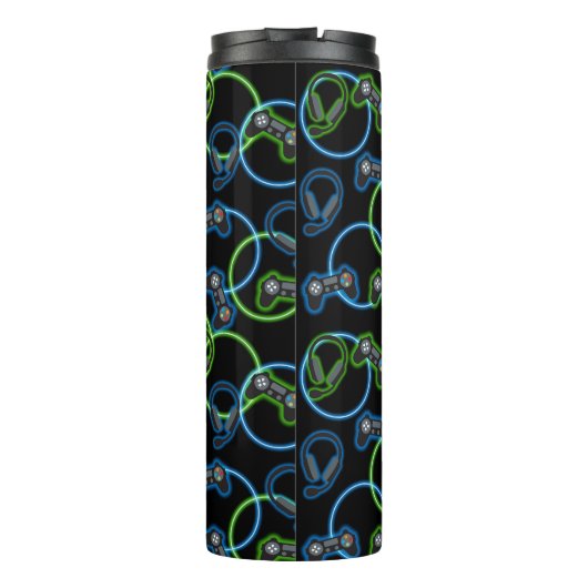 Video Game Neon Blue & Green Pattern Monogram Thermosbecher (Rückseite)