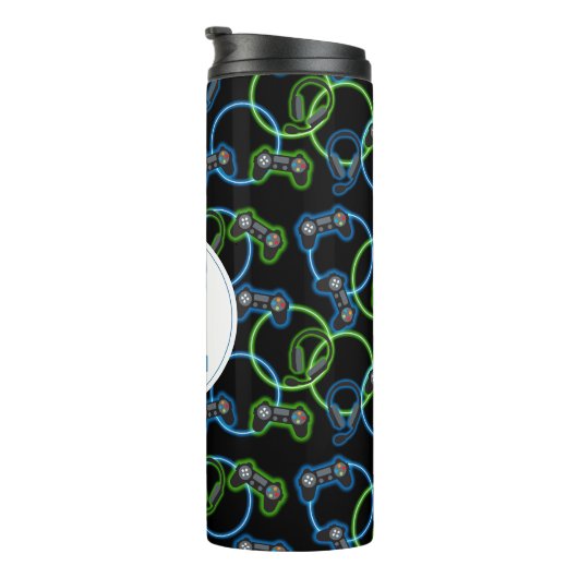 Video Game Neon Blue & Green Pattern Monogram Thermosbecher (Nach rechts gedreht)