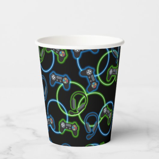 Video Game Neon Blue & Green Pattern Pappbecher (Rückseite)