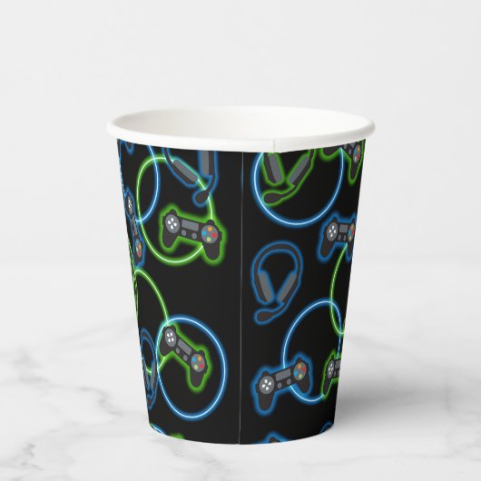 Video Game Neon Blue & Green Pattern Pappbecher (Rechts)