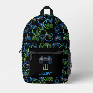 Video Game Neon Blue & Green Pattern School Bedruckter Rucksack