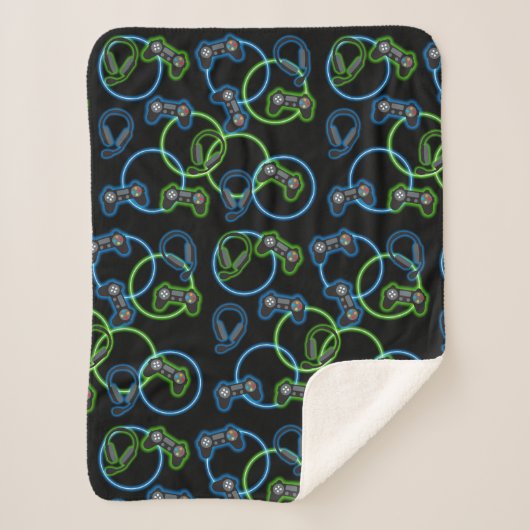 Video Game Neon Blue & Green Pattern  Sherpadecke (Vorderseite)