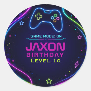 Video Game Neon-Gamer Level Up Geburtstag Runder Aufkleber