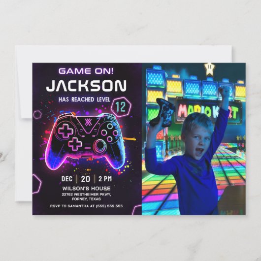 Video Game Neon Kindergeburtstag Foto Einladung (Vorderseite)