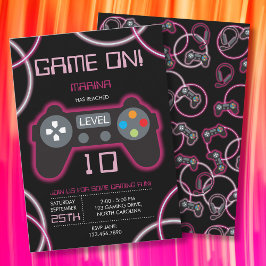 Video Game Neon Pink Girl Geburtstagsparty Einladung