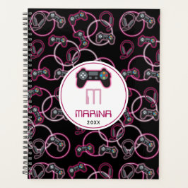 Video Game Neon Pink Girls Muster Monogram Planer