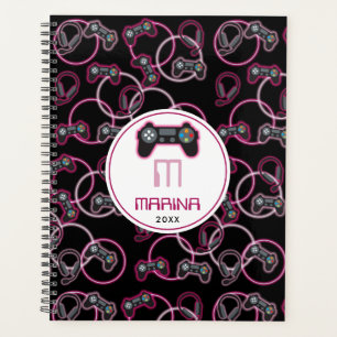 Video Game Neon Pink Girls Muster Monogram Planer
