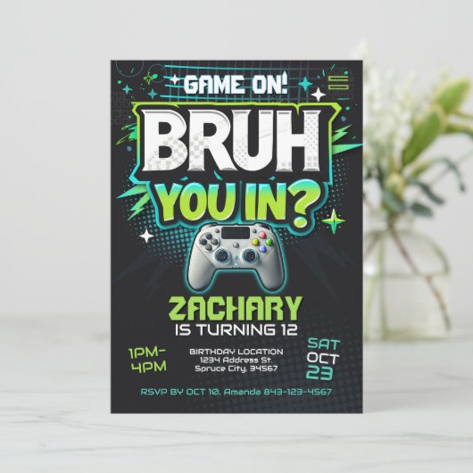 Video Game Party laden Bruh ein Einladung (Stehend Vorderseite)