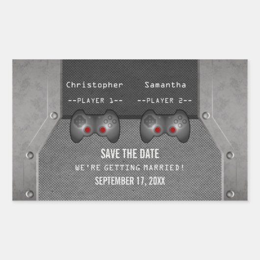 Video Game Save the Date Sticker, Grau Rechteckiger Aufkleber (Vorderseite)
