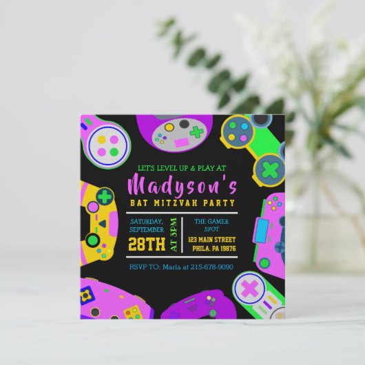VIDEO GAMER GAMING Girl Bat Mitzvah Abend Party Einladung (Stehend Vorderseite)