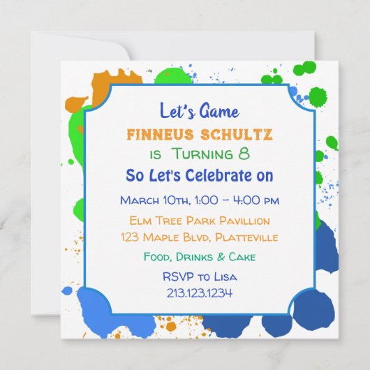 Video Gaming Paint Spritzer Boy's Birthday Einladu Einladung (Rückseite)