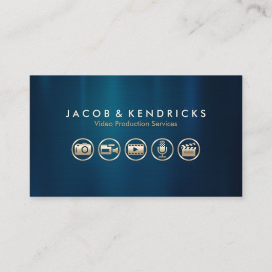 Video Production Services Gold Icons Blue Metal Visitenkarte (Vorderseite)