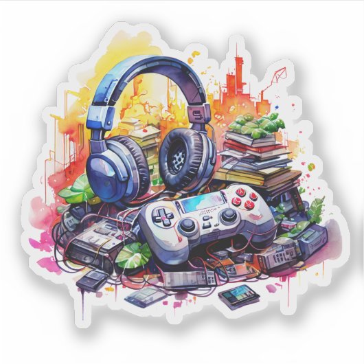 Videocontroller, Kopfhörer, Bücher - Tee Aufkleber (Vorderseite)