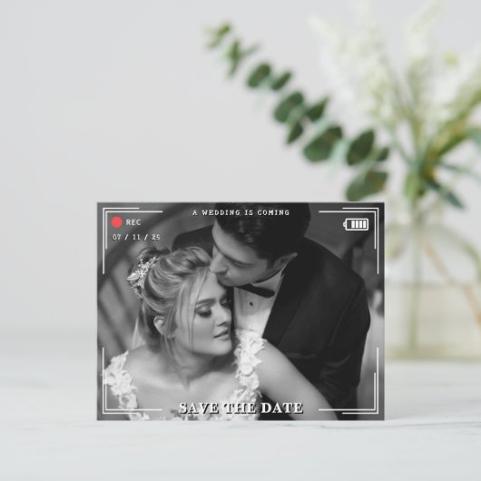Videokamera-Foto Hochzeit Sichern Sie das Datum Postkarte (Stehend Vorderseite)