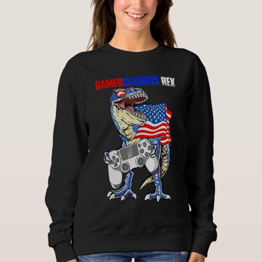 Videospiel 4. Juli T Rex Dinosaurier Amerisaurus Sweatshirt (Vorderseite)