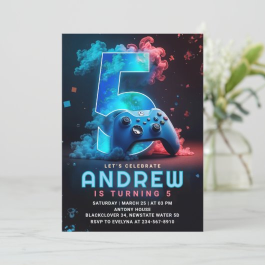 Videospiel 5. Geburtstagsparty Einladung (Stehend Vorderseite)