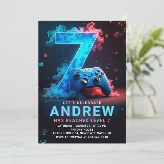 Videospiel 7. Geburtstagsparty Einladung (Stehend Vorderseite)