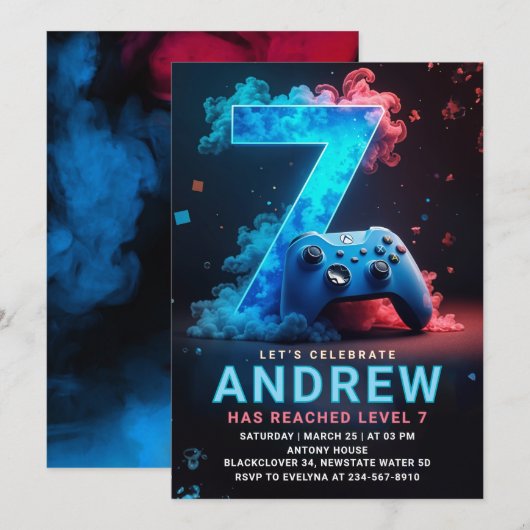 Videospiel 7. Geburtstagsparty Einladung (Vorne/Hinten)