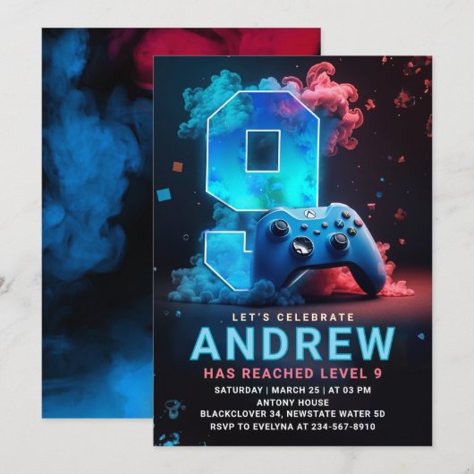 Videospiel 9. Geburtstagsparty Einladung (Vorne/Hinten)