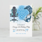 Videospiel-blauer Geburtstag Einladung (Stehend Vorderseite)