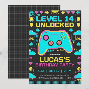 =Videospiel-Geburtstagseinladung Pixel-Gamer-Party Einladung