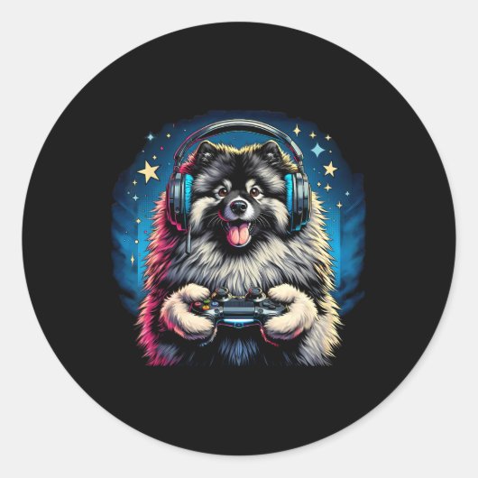 Videospiel Keeshond Dog Gaming Runder Aufkleber (Vorderseite)