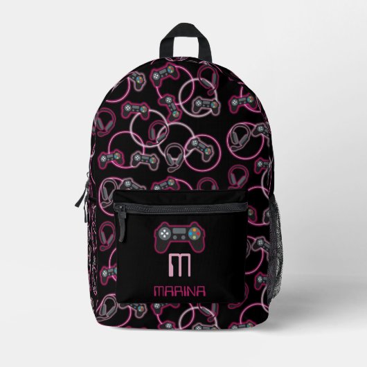 Videospiel Neon Pink Girls Muster Monogram School Bedruckter Rucksack (Vorderseite)